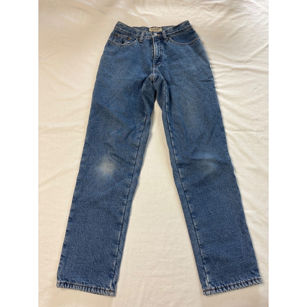 LL Bean Relaxed Fit Fleece Lined Jeans Womens 4M Blue Denim Red Lining